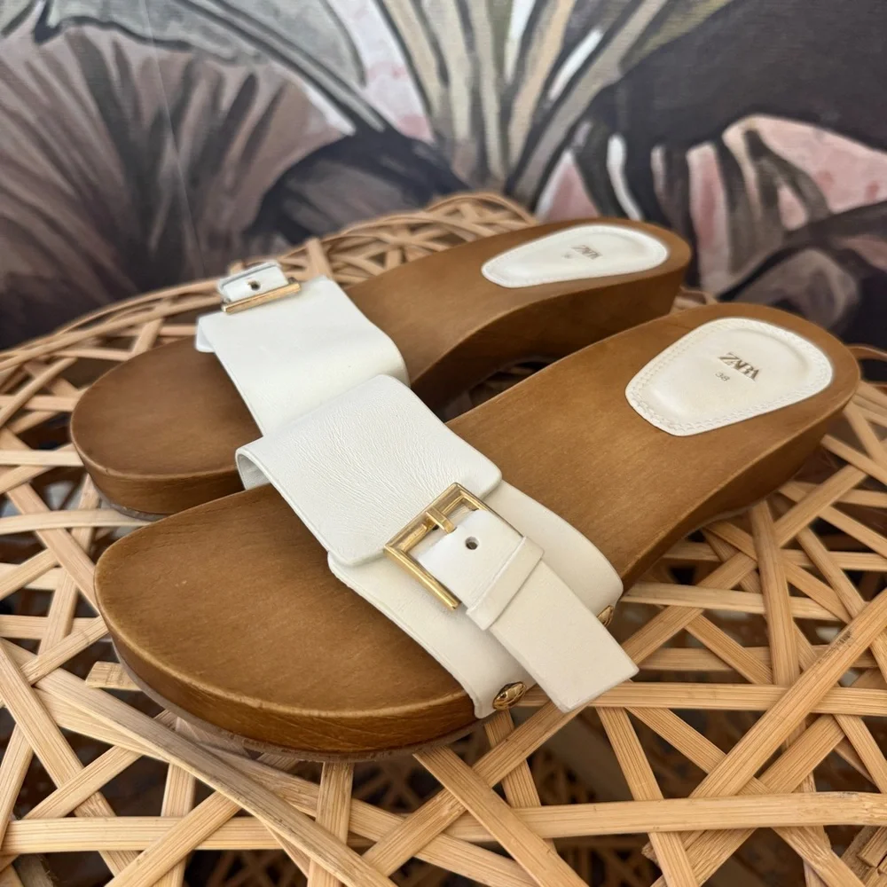 ZARA white buckled Leather Open Toe Wood Sandals Slippers clogs slip on US 7.5 - Picture 2 of 5